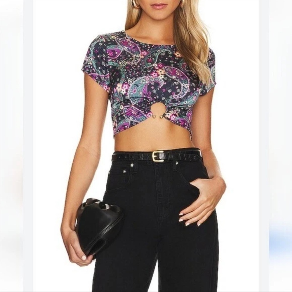 House of Harlow Revolve Paisley “Marseilles” Crop Top, Boho Satin, Med